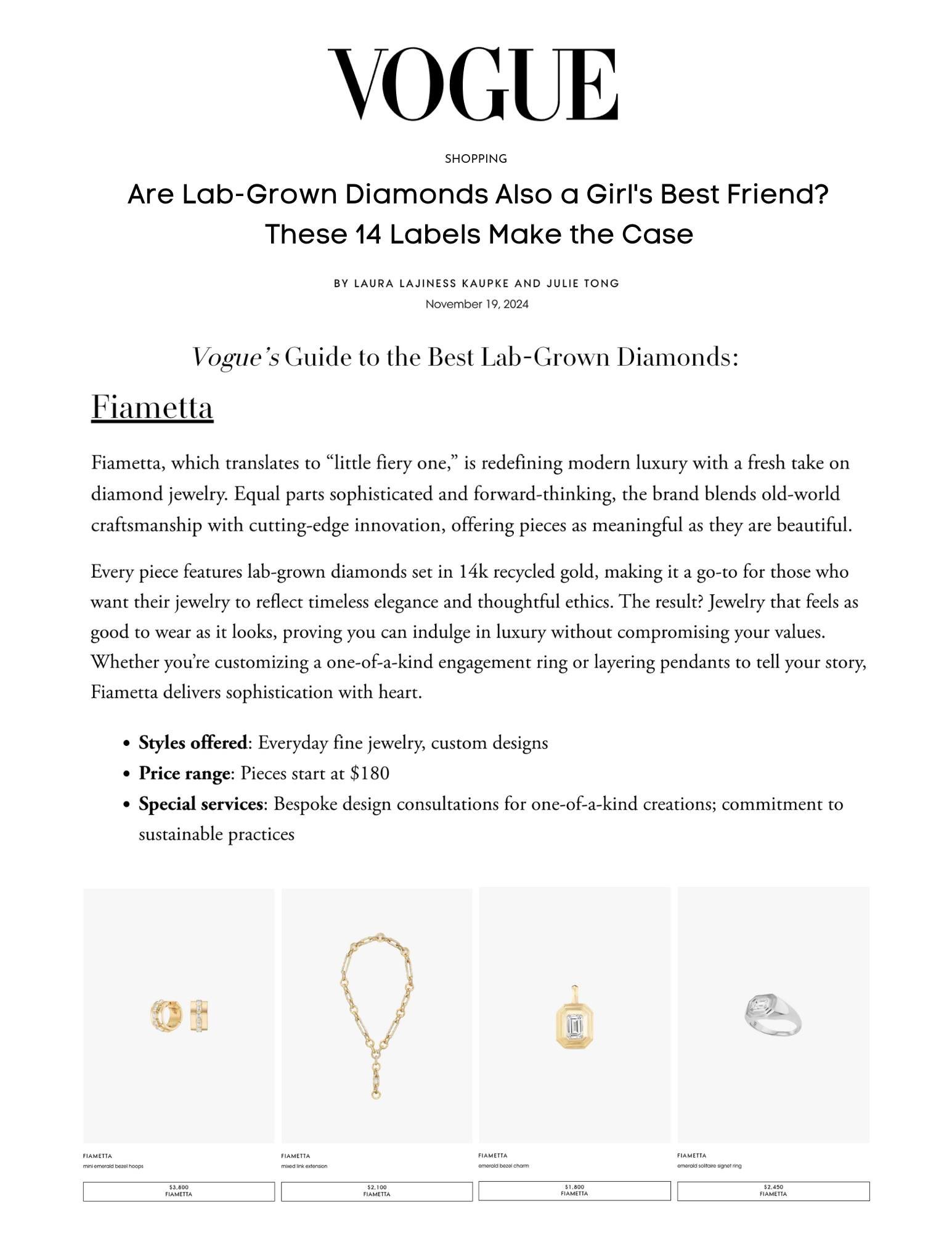 Vogue article showcasing Fiametta's lab-grown diamond jewelry: gold hoops, chain, pendant, and silver ring.