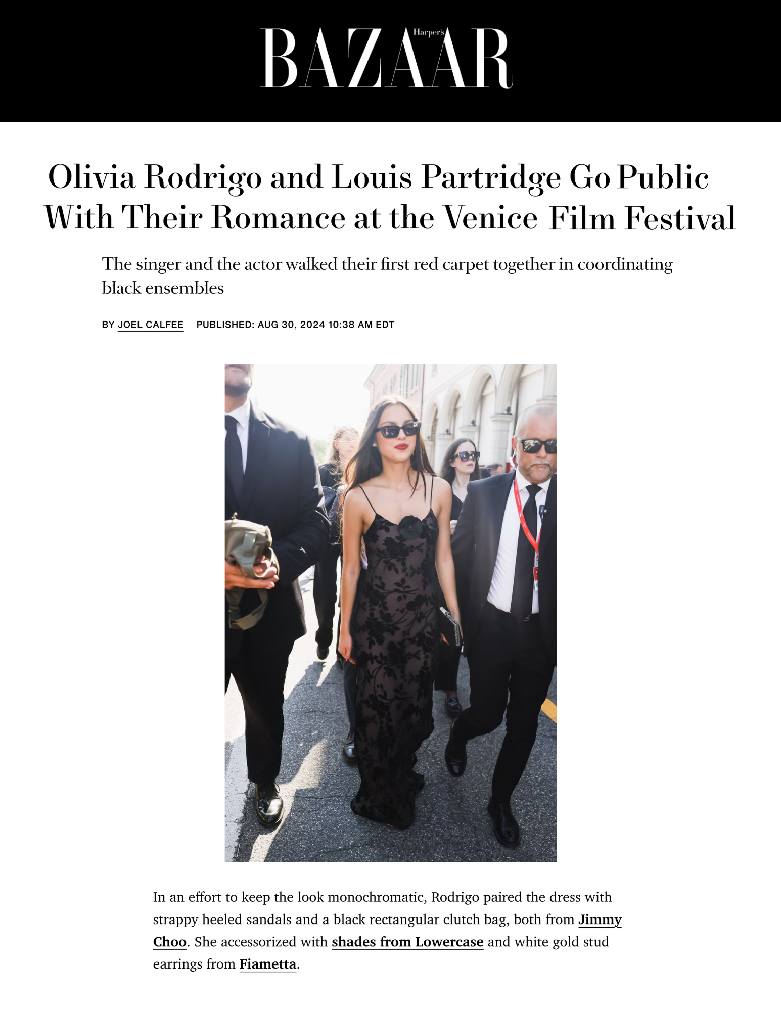 Olivia Rodrigo in a black floral lace gown and sunglasses, walking with Louis Partridge at Venice.