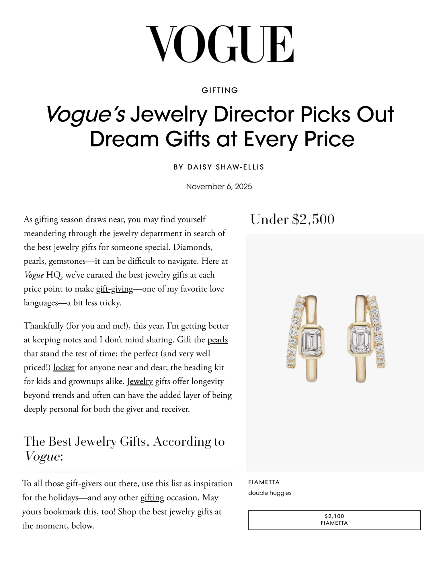 Vogue: “Jewelry Director Picks Out Dream Gifts at Every Price”