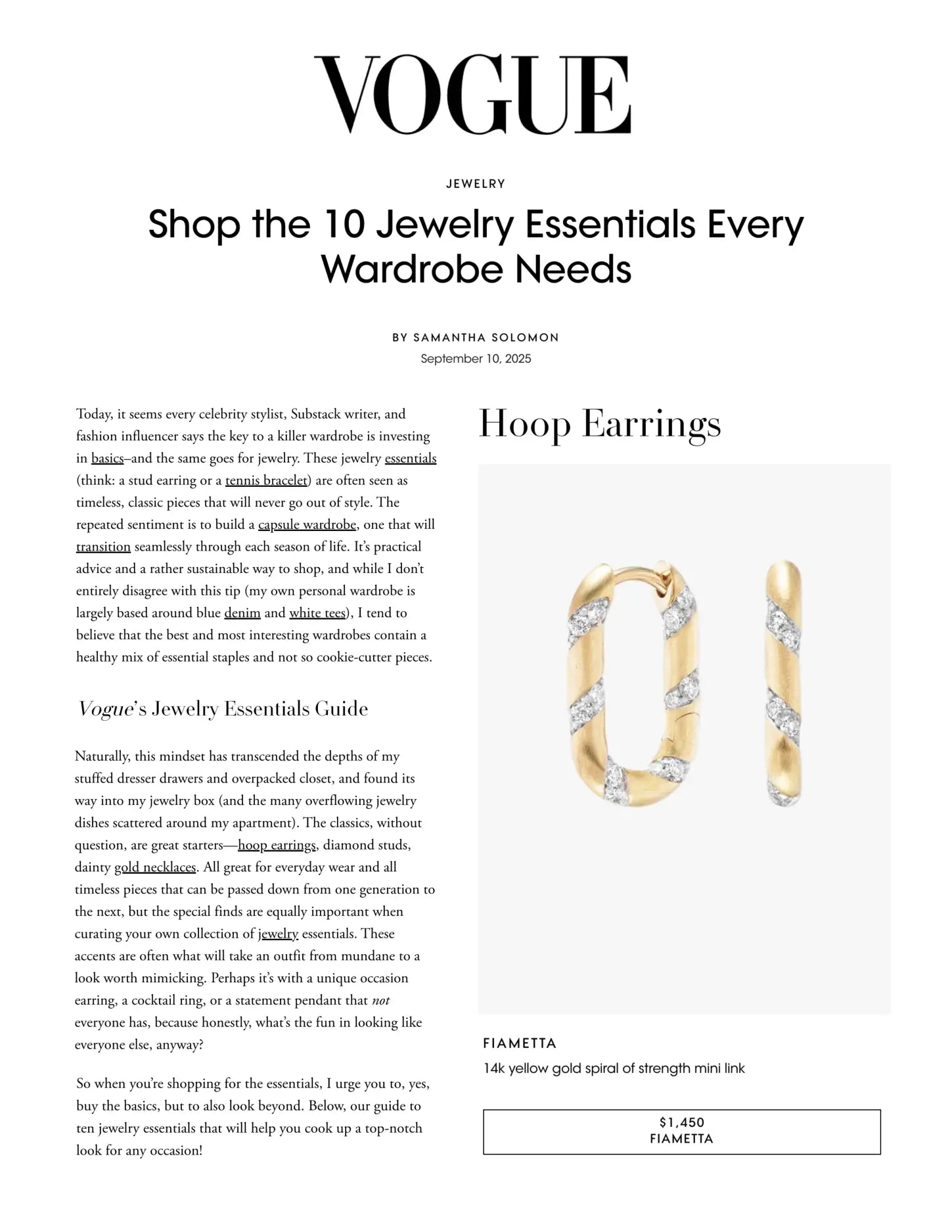Vogue Magazine "Shop the Ten Jewelry Essentials Every Wardrobe Needs"