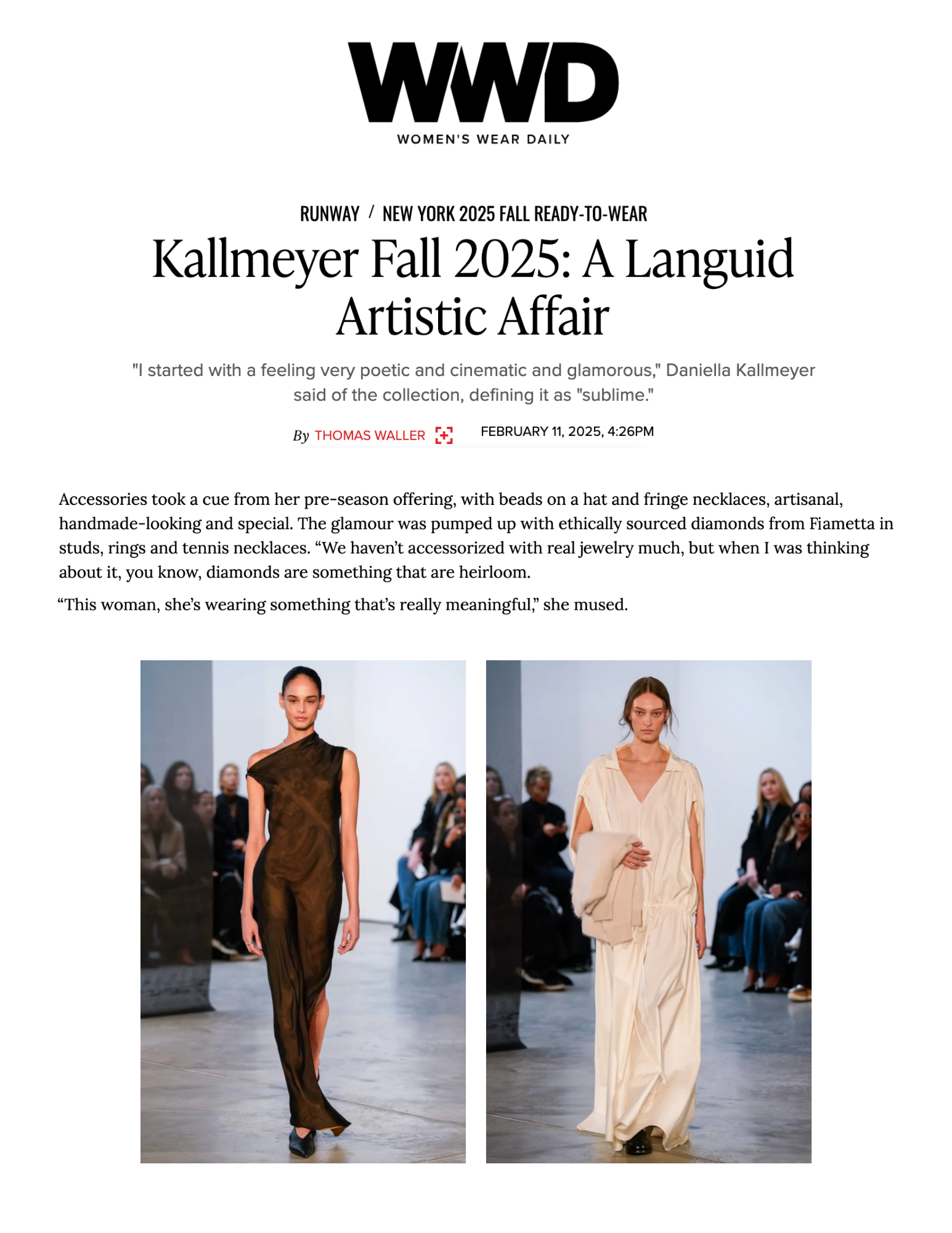 Two models on a runway: one in a sheer brown dress, the other in a flowing cream gown.