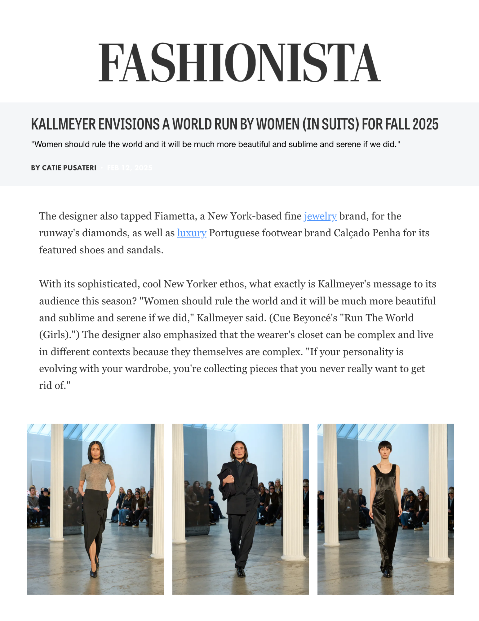 Three models on a runway, showcasing sophisticated dark outfits, including a grey ribbed top with a black skirt, a black suit, and a black slip dress.