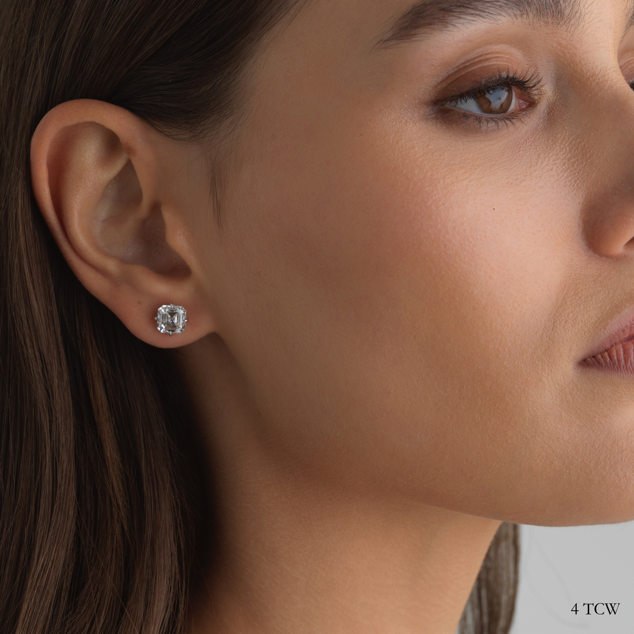 Asscher lab-grown diamond stud earring in 14K white gold with compass prongs, perfect for an ear stack.