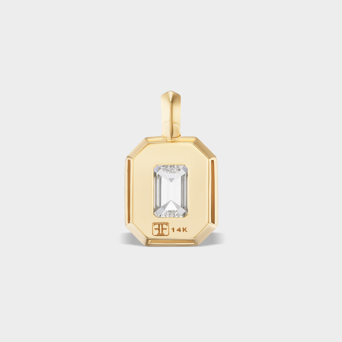 14K yellow gold emerald-cut lab diamond bezel charm, 18mm high, for everyday wear or layering.