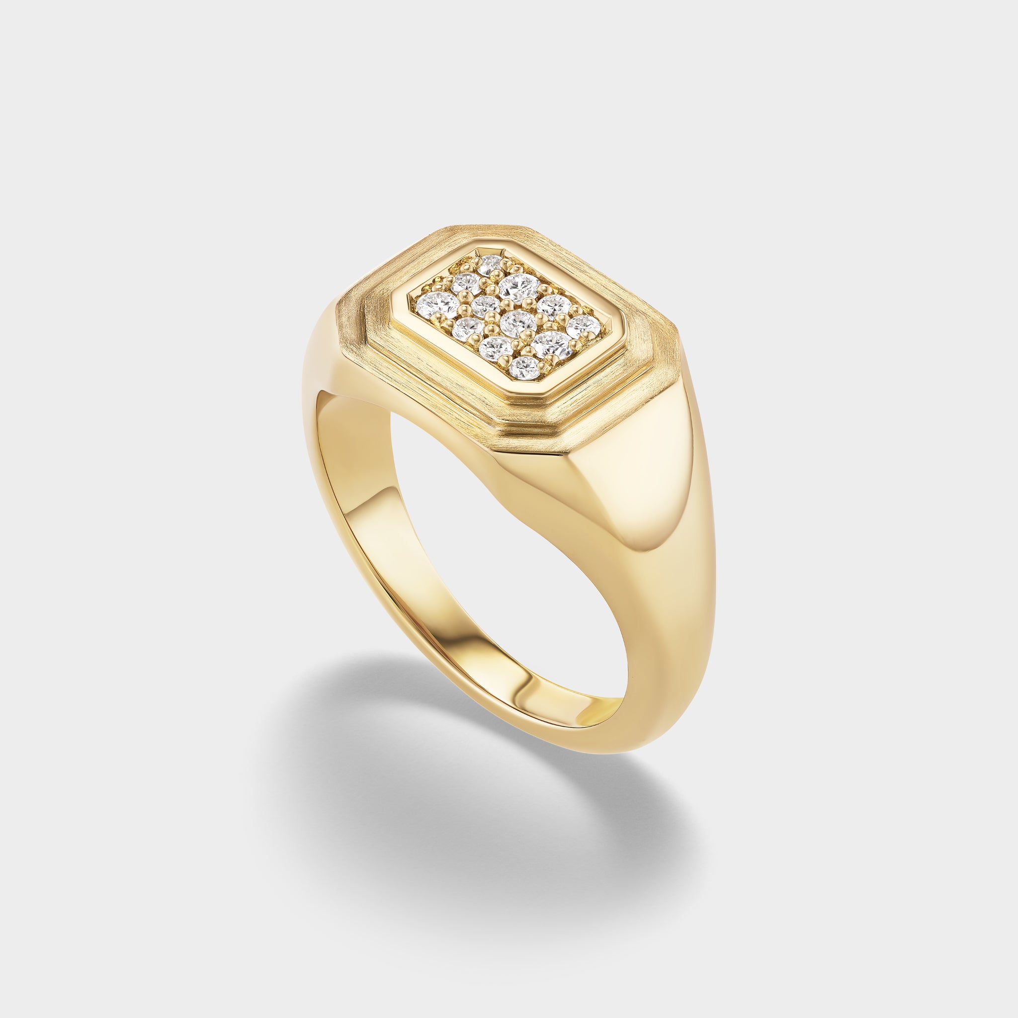 Yellow gold signet ring with a rectangular triple-bezel setting featuring pavé lab-grown diamonds.