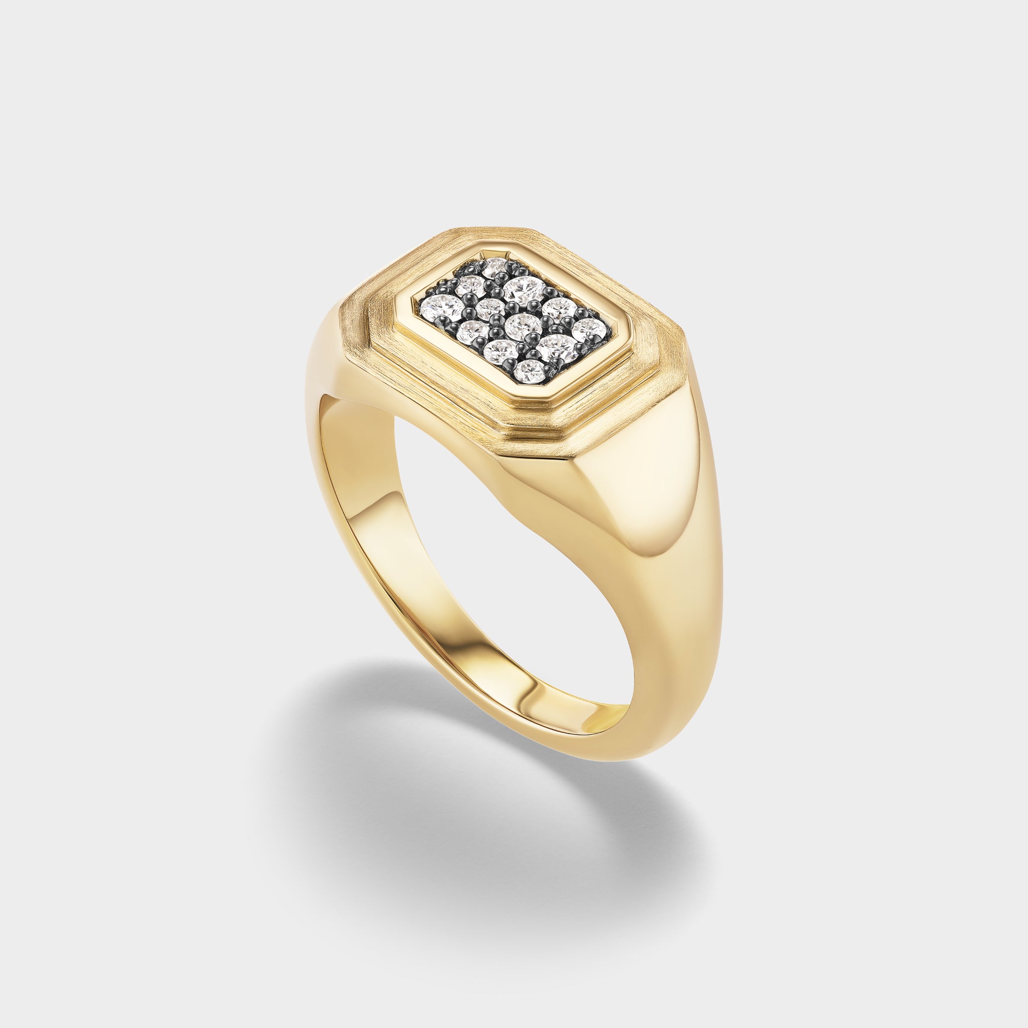 Yellow gold signet ring with an antique finish, featuring a rectangular pavé lab-grown diamond cluster.