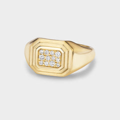 14K yellow gold signet ring with triple-bezel setting and pavé lab-grown diamonds, perfect for everyday wear.