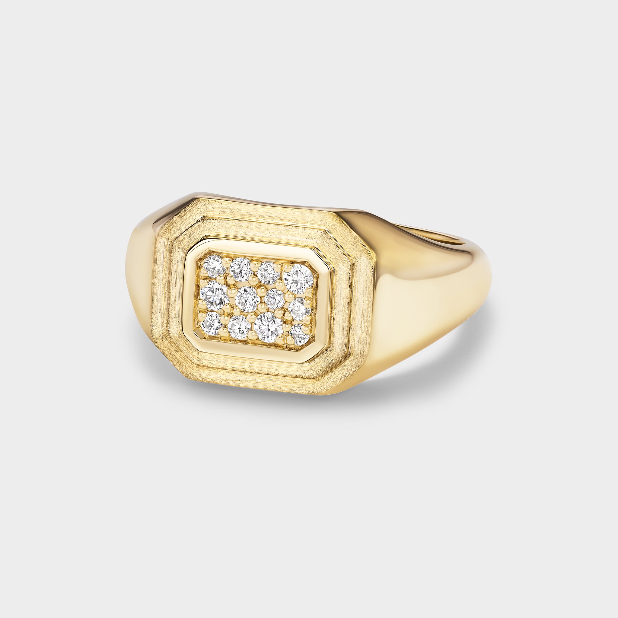 14K yellow gold signet ring with triple-bezel setting and pavé lab-grown diamonds, perfect for everyday wear.