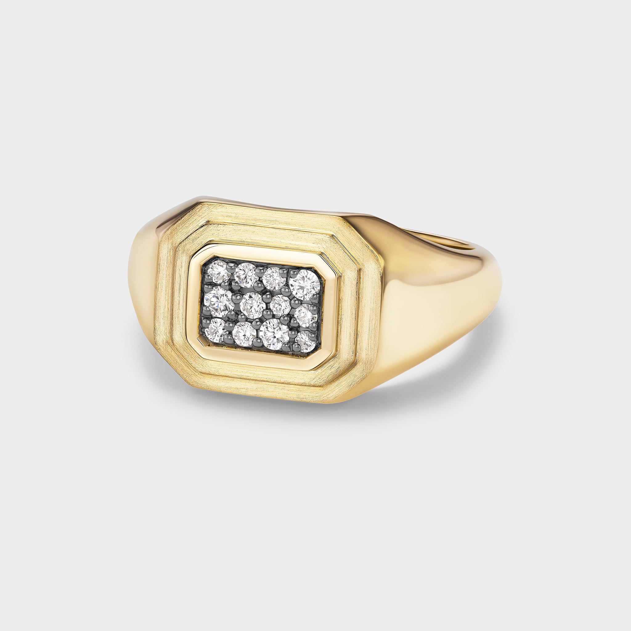 Yellow gold signet ring with antique finish, featuring a rectangular triple-bezel setting with pavé lab-grown diamonds.