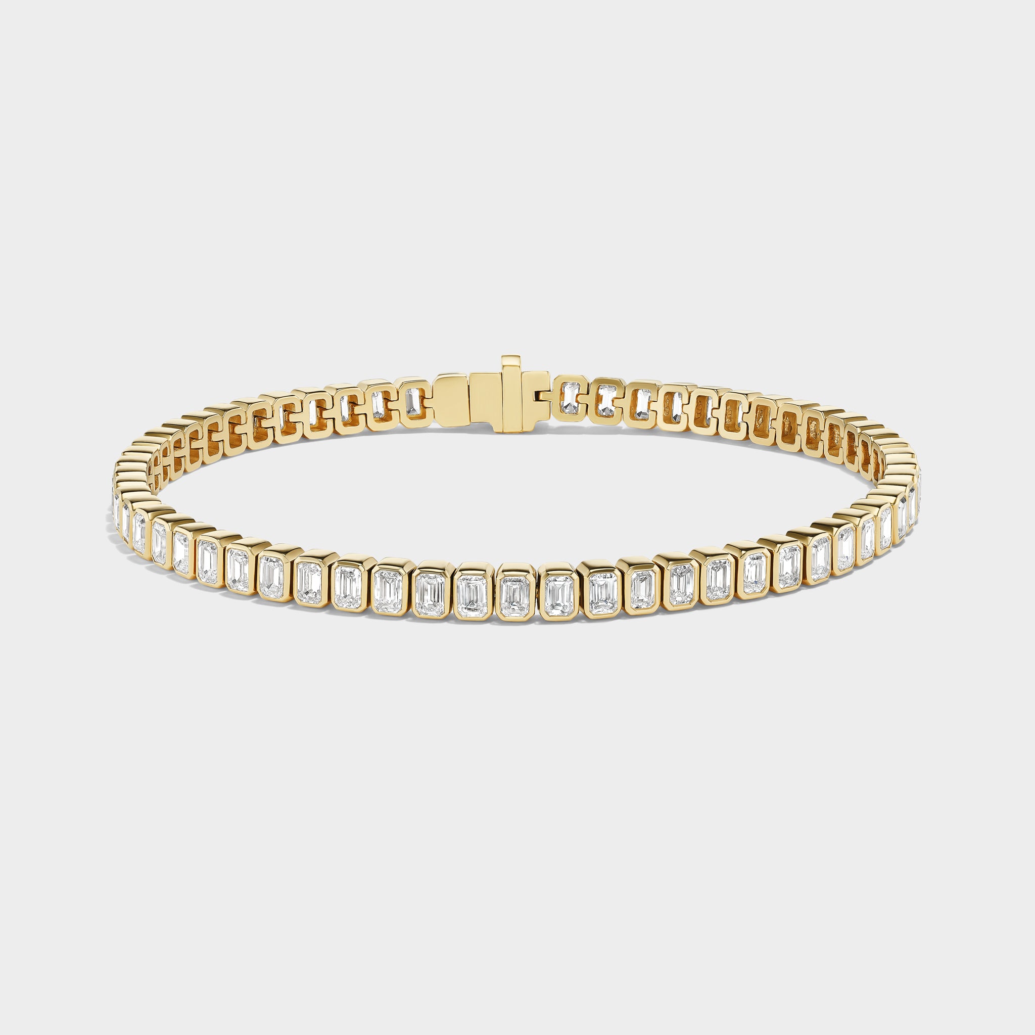 14K gold Emerald Bezel Tennis Bracelet with lab-grown diamonds, perfect for everyday wear or stacking.