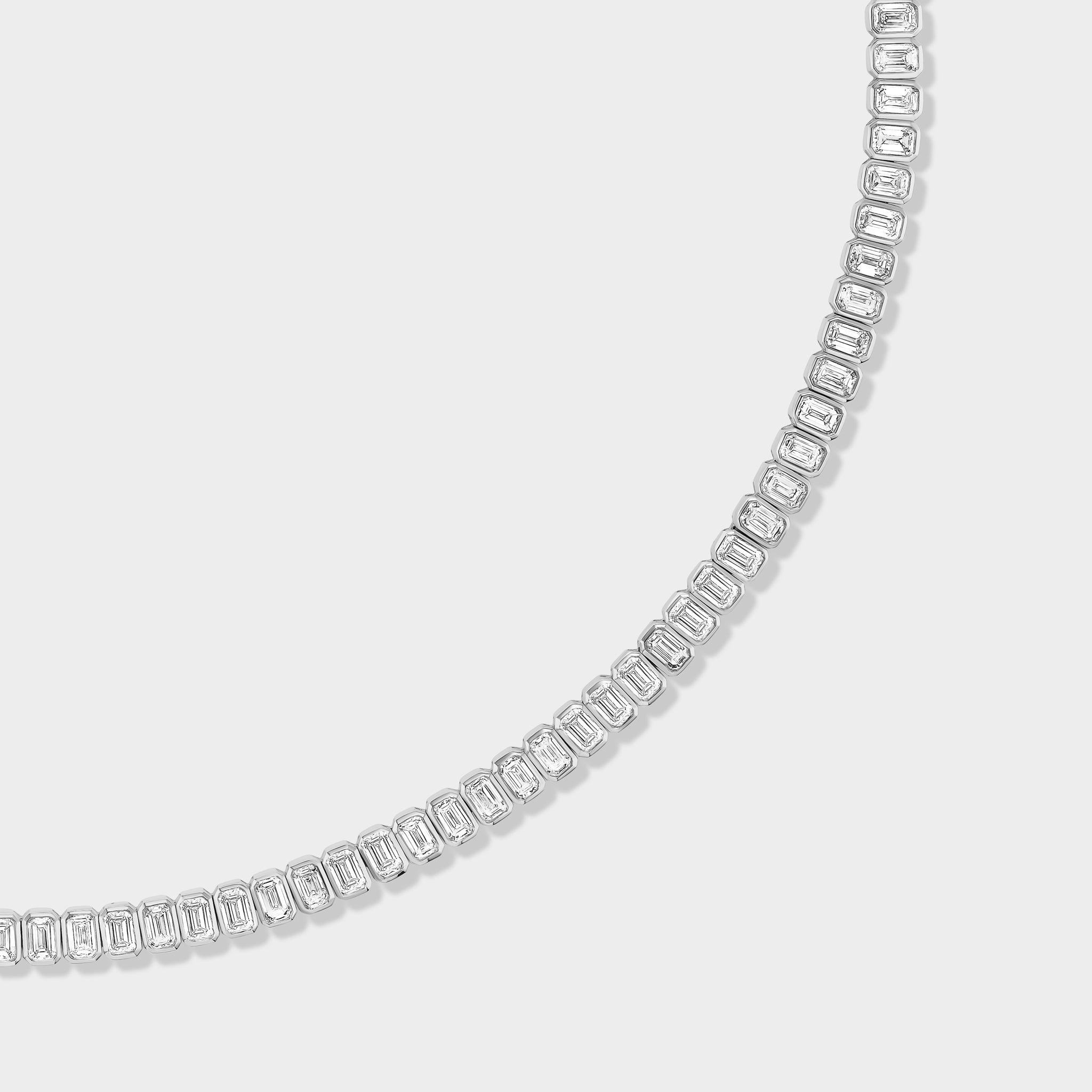 Emerald Bezel Tennis Necklace: 14K gold with bezel-set emerald-cut lab-grown diamonds, perfect for everyday elegance.