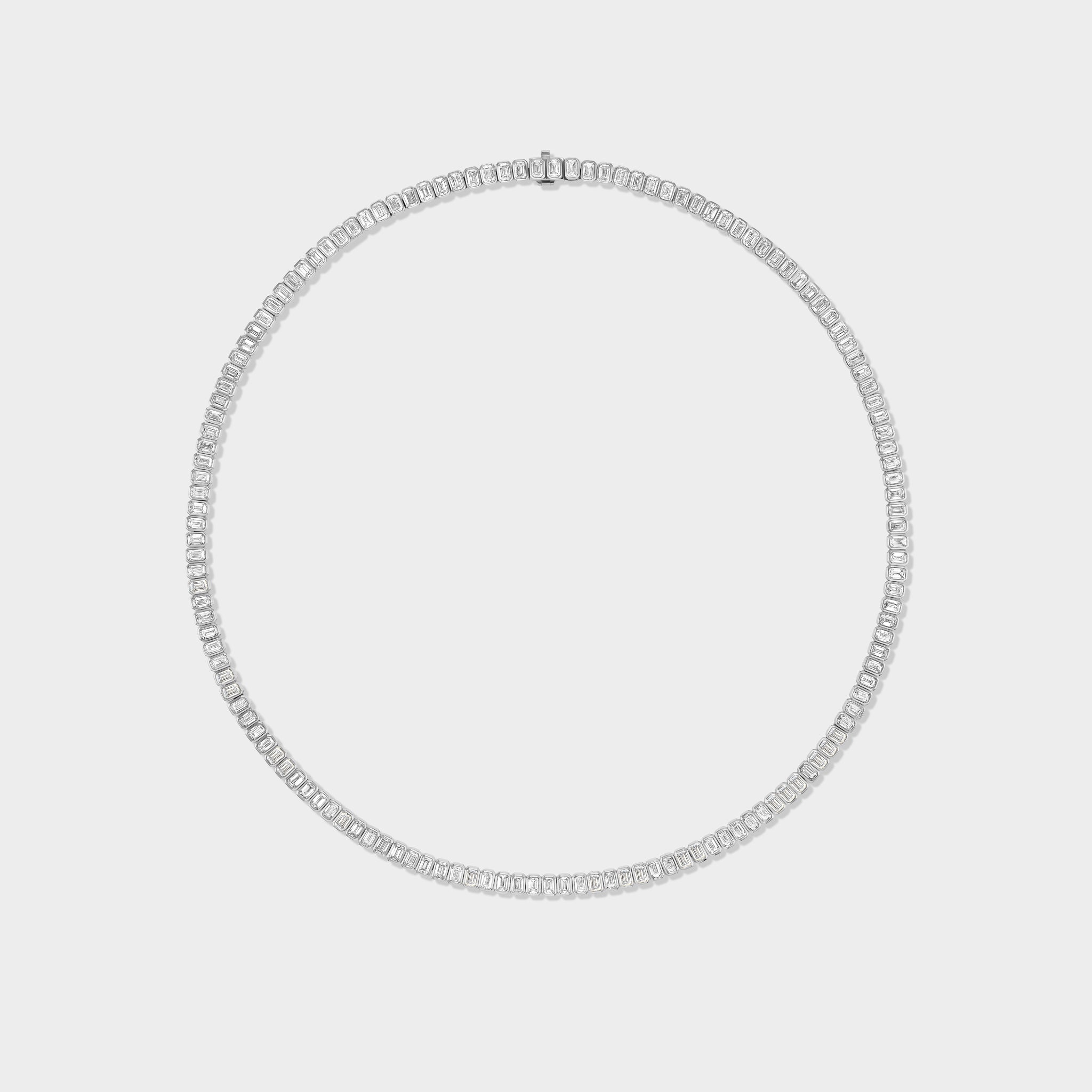 14K gold emerald-cut lab-grown diamond tennis necklace with bezel setting and safety clasp.