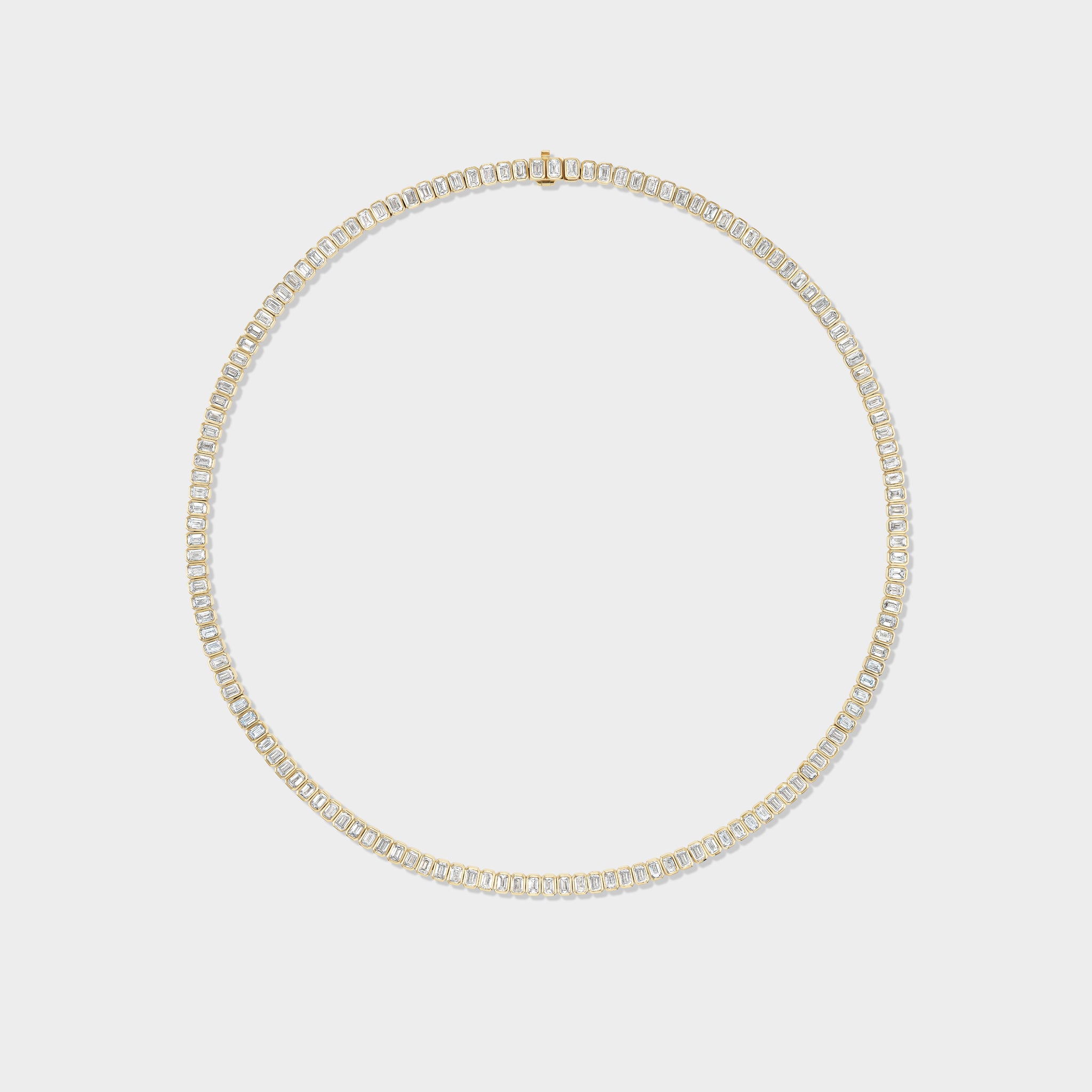 14K gold Emerald Bezel Tennis Necklace with lab-grown diamonds, a modern take on a classic.