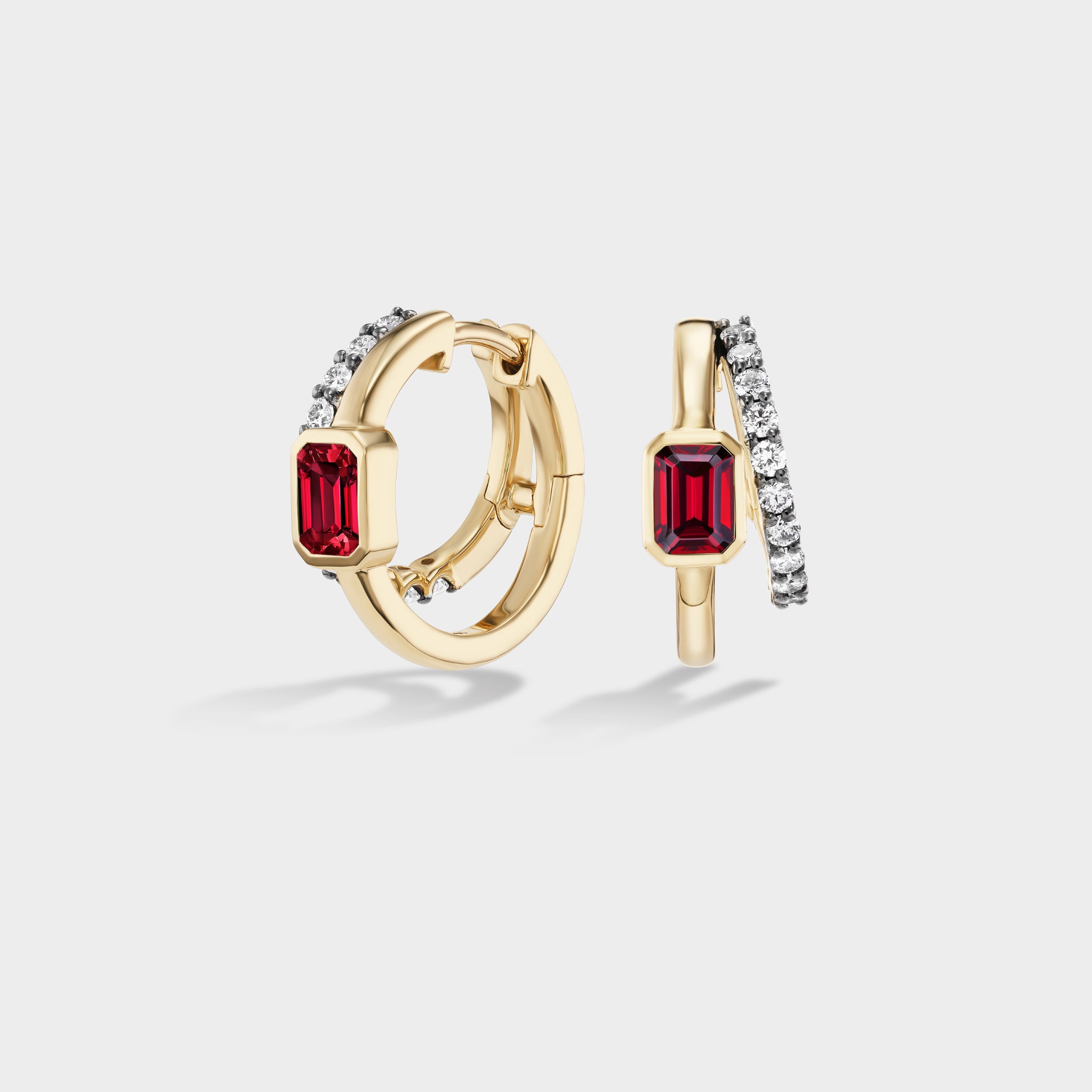 14K yellow gold double huggie earrings with pavé lab diamonds and emerald-cut rubies, perfect for an ear stack.