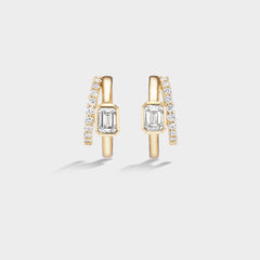 Fiametta emerald-cut lab-grown diamond double hoop huggie earrings in 14k recycled yellow gold with pavé diamond accents, modern luxury fine jewelry combining old-world craftsmanship with ethical lab-grown diamonds. For the modern collector. An everyday style with a unique point of view.