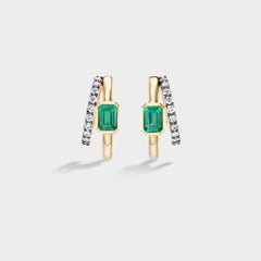 Fiametta emerald-cut lab-grown diamond double hoop huggie earrings in 14k recycled yellow gold with pavé diamond accents and natural green emerald, modern luxury fine jewelry combining old-world craftsmanship with ethical lab-grown diamonds. For the modern collector. An everyday style with a unique point of view.