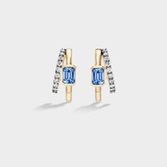Fiametta emerald-cut lab-grown diamond double hoop huggie earrings in 14k recycled yellow gold with pavé diamond accents and natural blue ceylon sri lankan sapphire, modern luxury fine jewelry combining old-world craftsmanship with ethical lab-grown diamonds. For the modern collector. An everyday style with a unique point of view.