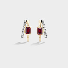 Fiametta emerald-cut lab-grown diamond double hoop huggie earrings in 14k recycled yellow gold with pavé diamond accents and natural ruby, modern luxury fine jewelry combining old-world craftsmanship with ethical lab-grown diamonds. For the modern collector. An everyday style with a unique point of view.