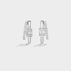 Fiametta emerald-cut lab-grown diamond double hoop huggie earrings in 14k recycled white gold with pavé diamond accents, modern luxury fine jewelry combining old-world craftsmanship with ethical lab-grown diamonds. For the modern collector. An everyday style with a unique point of view.