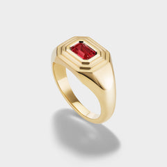14K recycled yellow gold signet ring with an emerald-cut ruby, perfect as a pinky ring.
