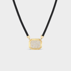 Fiametta triple bezel pavé pendant on leather cord in 14k recycled yellow gold with pavé diamond accents for the modern collector looking for a unique statement piece for every day. Fiametta modern luxury fine jewelry combines old-world craftsmanship with ethical lab-grown diamonds for the modern collector with a unique point of view.