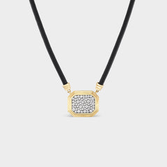 Fiametta triple bezel pavé pendant on leather cord in 14k recycled yellow gold with pavé diamond accents and a black rhodium antique finish for the modern collector looking for a unique statement piece for every day. Fiametta modern luxury fine jewelry combines old-world craftsmanship with ethical lab-grown diamonds for the modern collector with a unique point of view.