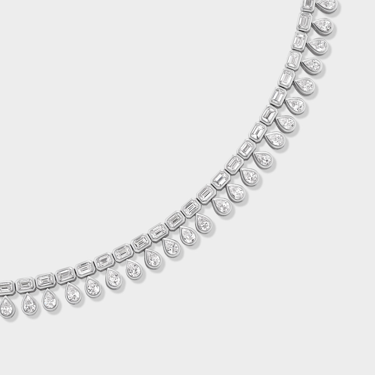 14K white gold Mini Duality Necklace with emerald-cut and pear-cut lab-grown diamonds, perfect for everyday wear.