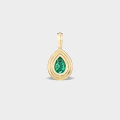 Mini pear-cut natural emerald charm in 14K gold with mixed-finish triple-bezel setting.