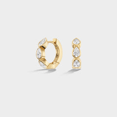 14K yellow gold mini huggie hoop with bezel-set pear-cut lab-grown diamonds, perfect for an everyday ear stack.