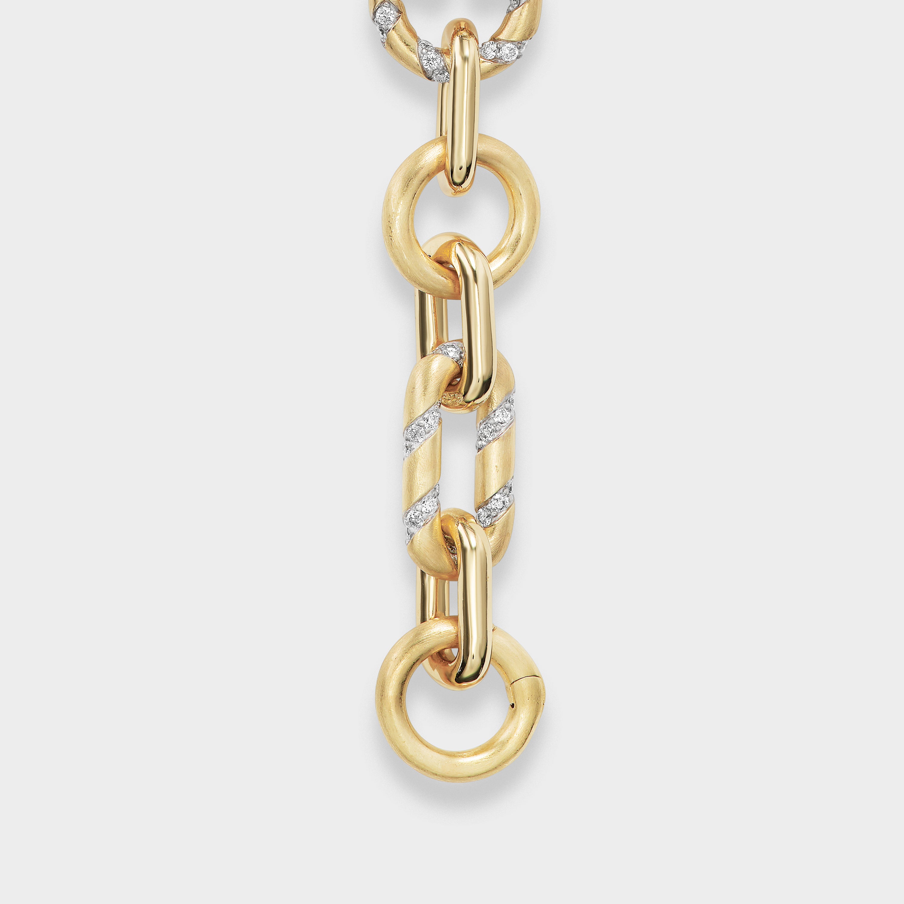 14k yellow gold mixed link necklace with lab-grown diamonds, featuring a push-link clasp and charm clip.