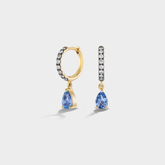 14K yellow gold pavé huggies with antique finish, pear-cut blue sapphires, and lab-grown diamonds, perfect for stacking.