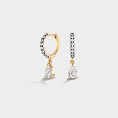 14K yellow gold pavé huggies with pear-cut lab diamonds, perfect for everyday wear or stacking.