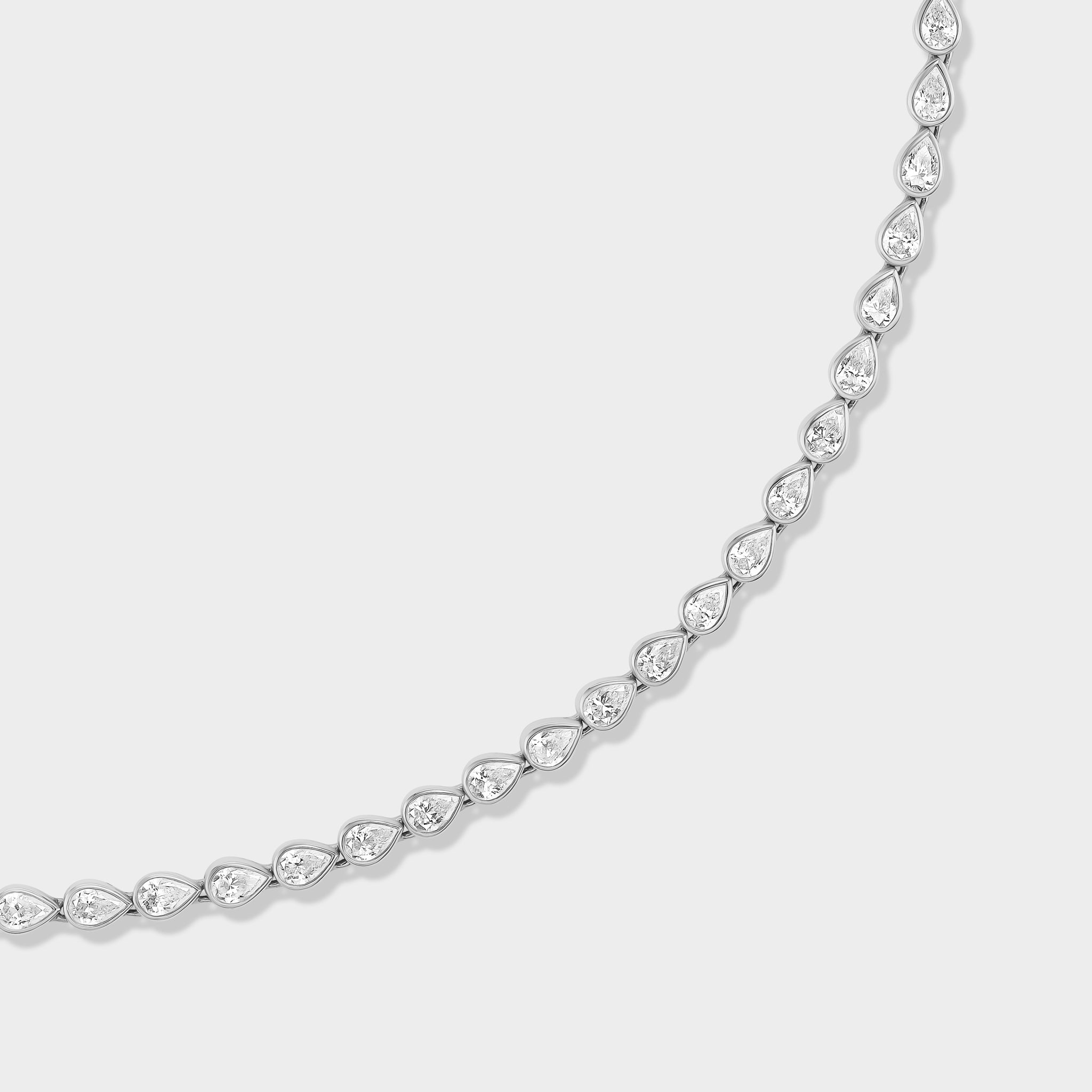 14K white gold Pear Bezel Tennis Necklace with lab-grown diamonds, perfect for everyday wear or special occasions.