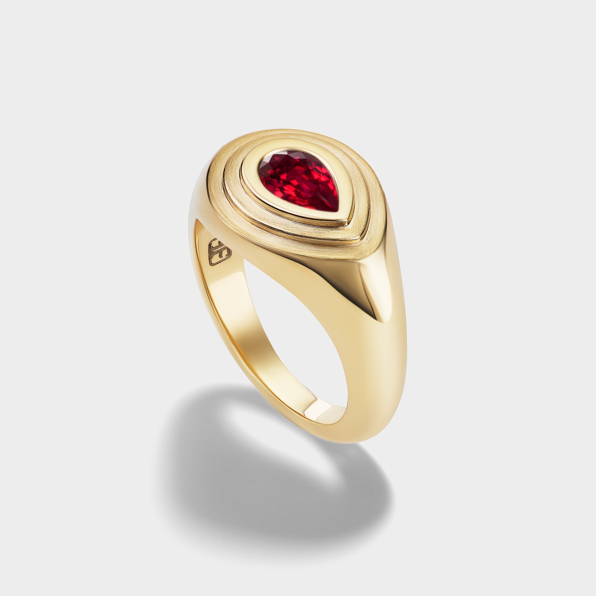 14K yellow gold Pear Solitaire Signet Ring with a natural pear-cut ruby, perfect for a pinky ring.
