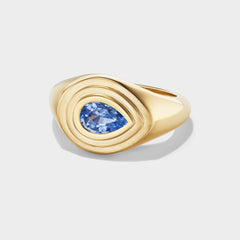 14K yellow gold signet ring with a pear-cut blue sapphire in a mixed-finish triple-bezel setting.