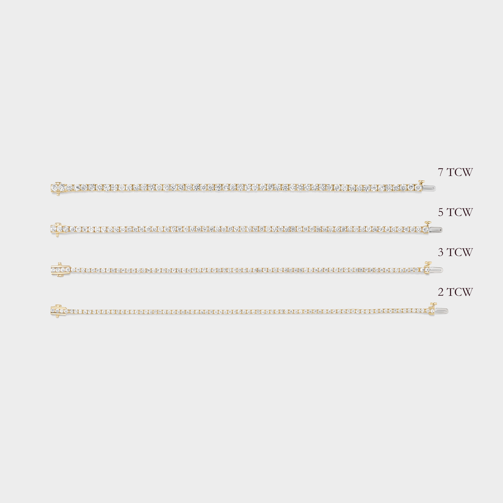 Four gold tennis bracelets with lab-grown diamonds, ranging from 2 to 7 total carat weight.