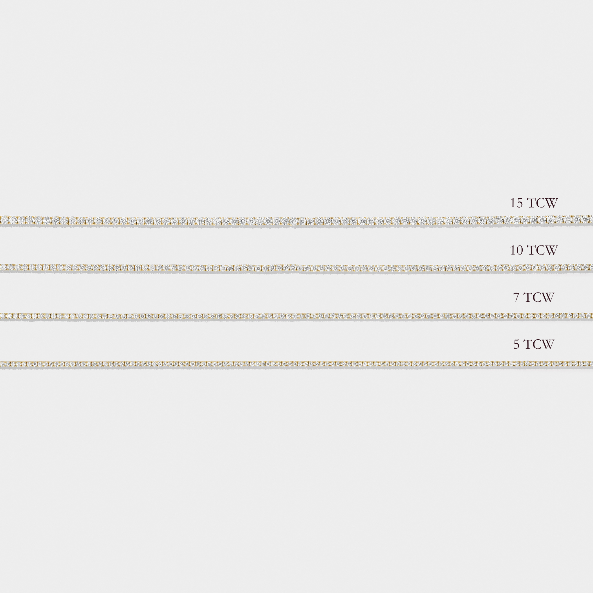 Four gold tennis necklaces with brilliant-cut lab-grown diamonds, ranging from 5 to 15 TCW, for everyday layering.