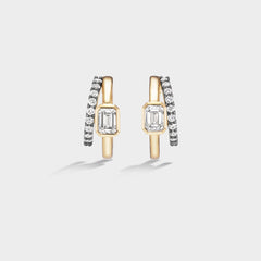 Fiametta emerald-cut lab-grown diamond double hoop huggie earrings in 14k recycled yellow gold with pavé diamond accents, modern luxury fine jewelry combining old-world craftsmanship with ethical lab-grown diamonds. For the modern collector. An everyday style with a unique point of view.